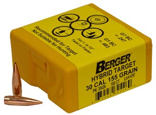 Berger Hybrid Target Bullets 30 Cal 155 Grain 100 Per box (30426), Not Loaded