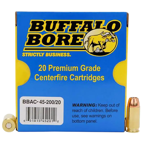 Buffalo Bore Handgun Ammunition 45-200/20, 45 ACP +P, Jacketed Hollow Point (JHP), 200 GR, 1050 fps, 20 Rd/Bx
