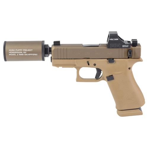 Glock 43X MOS Hush Puppy Pistol, 9mm, 3.41", FDE Finish, w/Holosun 407k, Hush Puppy Model 2 Suppressor, 15 Rds