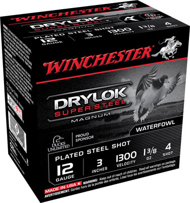 Winchester Super X Dryloc Super Steel Shotshells XSM1234, 12 Gauge, 3", 1-3/8 oz, 1300 fps, #4 Steel Shotshells Shot, 25 Rds/Bx
