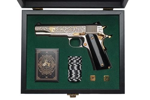 Custom & Collectible Colt 1911 "Gambler" Limited Edition Pistol, 45 ACP, 5", Black Kirinite Grips, Nickel Plated Finish w/24k Gold Inlay, 8 Rds
