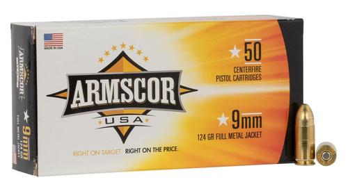 Armscor Pistol Ammunition, 9mm, Full Metal Jacket, 124 GR, 50 Rd/bx