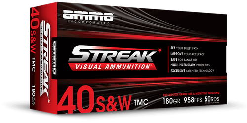 Ammo Inc Streak Visual (RED) Pistol Ammunition 40180TMCSTRKRED50, 40 S&W, Total Metal Case, 180  GR, 958  fps, 50 Rd/bx