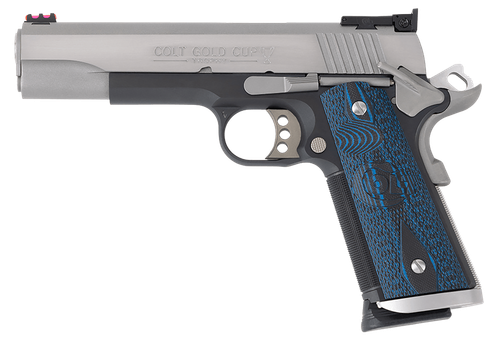 Colt 1911 Government Gold Cup Pistol O5970XETT, 45 ACP, 5", Black/Blue G10 Grip, Stainless Finish, 8 Rds