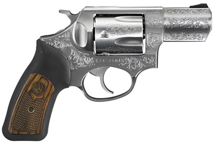Ruger SP101 Deluxe Engraved Revolver 5764, 357 Mag/38 Spcl, 2.2 in, Rubber/Wood Grips, Stainless Finish, 5 Rds