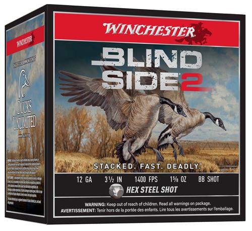 Winchester Blind Side 2 Shotshells XBS12LBB, 12 Gauge, 3-1/2", 1 5/8 oz, 1400 fps, #BB Steel Shot, 25 Rds/box