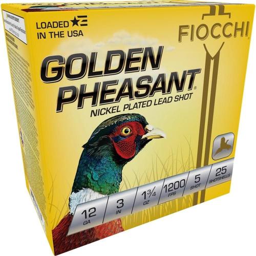 Fiocchi Golden Pheasant 123GP5, 12 Gauge, 3", 1-3/4 oz, 1200 fps, #5 Nickel-Plated Lead Shot, 25 Rds/Bx