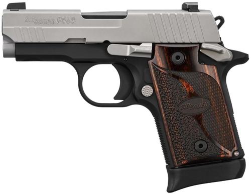 Sig Sauer P938 Pistol 9389TXR3AMBI, 9mm, 3", Rosewood Hogue Grips, Bead Blasted Stainless Finish, 7 Rds