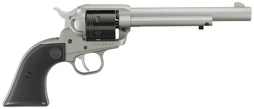 Ruger Wrangler SAO Revolver 2037, 22 LR, 6.50", Black Checkered Polymer Grips, Silver Cerakote, 6 Rds