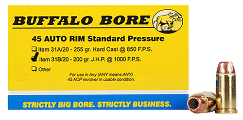 Buffalo Bore Handgun Ammunition 31B/20, 45 Auto Rim, Jacketed Hollow Point (JHP), 200 GR, 1000 fps, 20 Rd/Bx