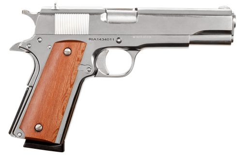 Rock Island Armory Standard GI 1911 Pistol 51433, 45 ACP, 5 in, Wood Grips, Polished Nickel Finish, 8 Rd