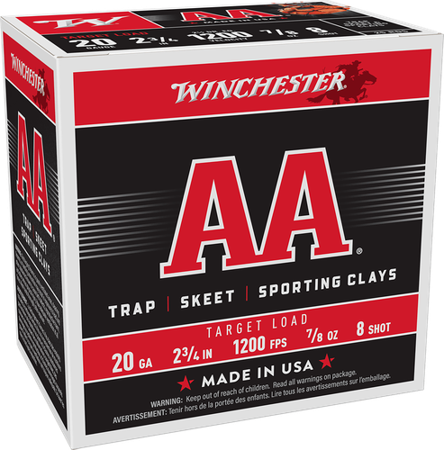 Winchester AA Target AA208, 20 Gauge, 2-3/4", 7/8 oz, 1200 fps, #8 Lead Shot, 25 Rds/Bx