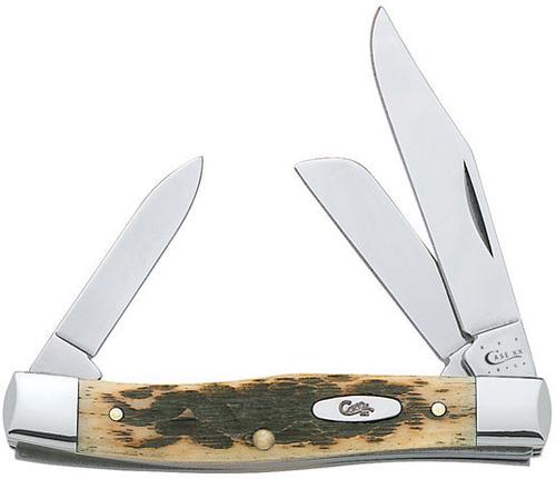 Case Amber Bone Medium Stockman Pocket Knife w/Clip, Sheppfoot, and Pen Blades, Amber Bone Handle 079