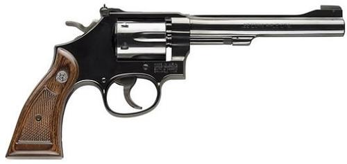 Smith & Wesson M17 Classic Revolver 150477, 22 Long Rifle, 6 in, Checkered Wood Grip, Bright Blue Finish, 6 Rd