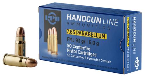 Prvi Partisan Pistol Ammunition PPH765P, 7.65x21mm Parabellum, Full Metal Jacket, 93 gr, 1279 fps, 50 Rd/Bx