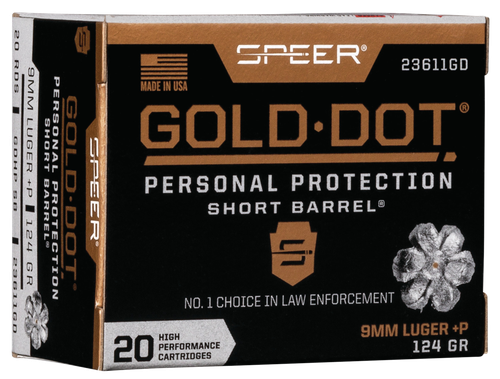 Speer Gold Dot Short Barrel Personal Protection Handgun Ammunition 23611GD, 9MM+P, Gold Dot HP, 124 GR, 1150 fps, 20 Rd/bx