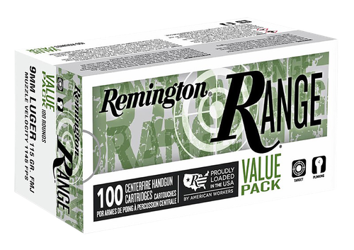 Remington Range Value Pack Pistol Ammunition R23979, 9mm, FMJ, 115 gr, 1145 fps, 100 Rd/Bx