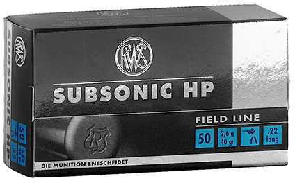 RWS Subsonic Rimfire Rifle Ammunition 2132664, 22 Long Rifle, Lead Hollow Point (HP), 40 GR, 1000 fps, 50 Rd/bx