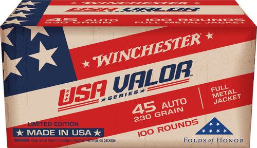 Winchester USA Valor Pistol Ammunition USAV45A, 45 Automatic Colt Pistol ACP, Full Metal Jacket, 230 gr, 835 fps, 100 Rd/Bx