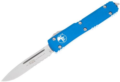 Microtech Ultratech Automatic Out The Front Knife, Single Edge Partially Serrated Stonewashed Blade, Blue Handle (121-11BL)
