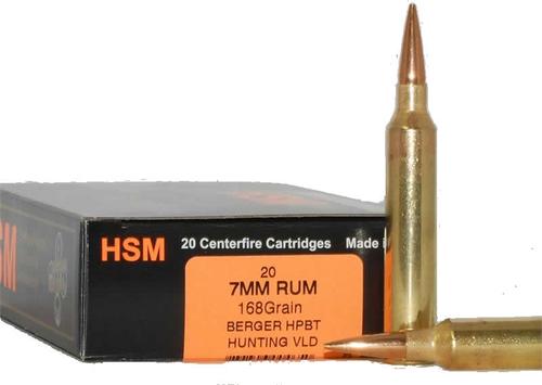 HSM Trophy Gold Rifle Ammunition 7RUM168VLD, 7MM Remington Ultra Mag, Berger Match Hunting VLD, 168 GR, fps, 20 Rd/bx