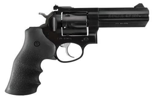 Ruger GP100 Double Action Revolver 1702, 357 Magnum, 4 in, Black Hogue Monogrip, Blue Steel Finish, 6 rd, Adj Sights