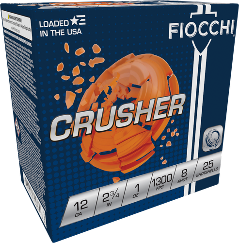 Fiocchi Premium Target Crusher Shotshell 12CRSR8, 12 Gauge, 2-3/4", 1 oz, 1300 fps, #8 Lead Shot, 25 Rds/Bx