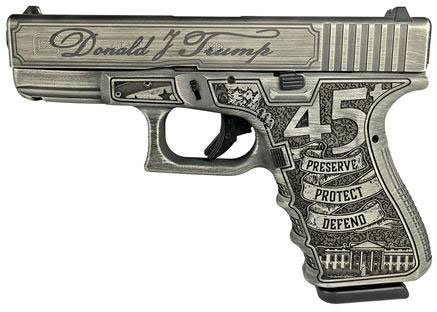 Glock 19 Custom Trump 2024 Pistol GLUI1950203T24, 9mm, 4.01", Polymer Frame, Crushed Silver Distressed Finish, 15 Rds