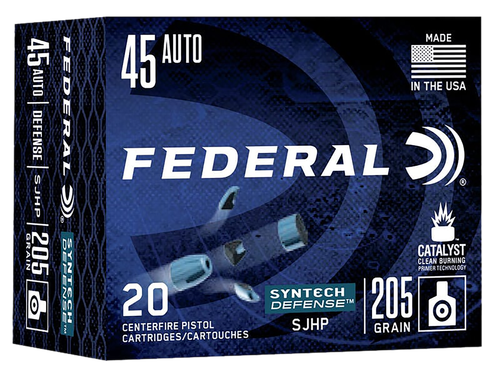 Federal Syntech Defense Pistol Ammunition S45SJT1, 45 ACP, Segmented Jacketed Hollow Point (SJHP), 205 gr, 970 fps, 20 Rd/Bx
