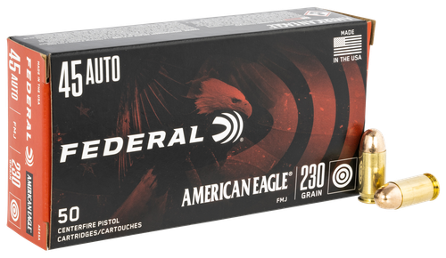 Federal American Eagle Pistol Ammunition, 45 ACP, Full Metal Jacket (FMJ), 230 GR, 850 fps, 50 Rd/bx