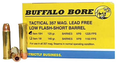 Buffalo Bore Handgun Ammunition 19H/20, 357 Magnum, XPB Solid Copper Hollow Point (HP), 125 GR, 1225 fps, 20 Rd/Bx