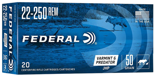 Federal American Eagle Rifle Ammunition AE22250G, 22-250 Remington, Jacketed Hollow Point (HP), 50 GR, 3850 fps, 20 Rd/bx