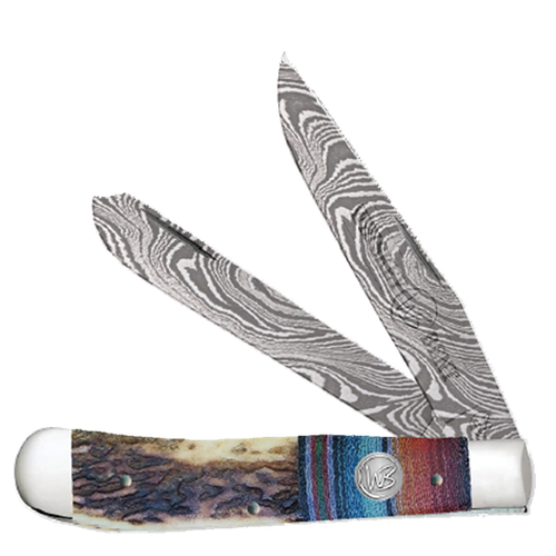 Whiskey Bent Knives Trapper Knife w/Clip Point & Spey Damascus Blade, Bandito Handle (WB11-75)