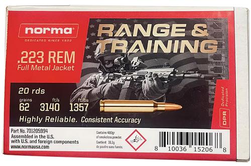 Norma Range & Training Rifle Ammunition 701205994, 223 Remington, Full Metal Jacket, 62 gr, 20 Rd/Bx