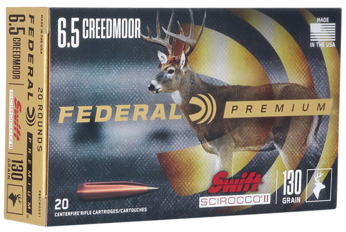 Federal Premium Rifle Ammunition P65CRDSS1, 6.5 Creedmoor, Swift Scirocco II, 130 gr, 2263 ft lbs, 20 Rd/Bx