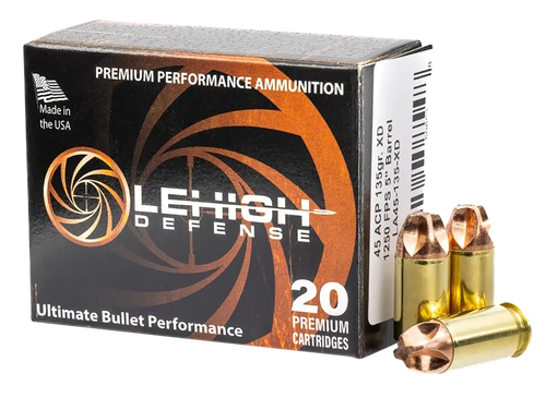 LeHigh Defense Xtreme Defense Pistol Ammunition LA45135XD, 45 Automatic Colt Pistol ACP, Lehigh Defense XD FMT, 135 gr, 1250 fps, 20 Rd/Bx