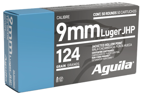 Aguila Pistol Ammunition 1E092125, 9mm Luger, JHP, 124 gr, 1130 fps, 50 Rd/Bx
