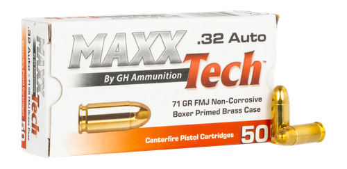 Maxxtech Pistol Ammunition, 32 ACP, Full Metal Jacket, 71 gr, 50 Rd/Bx