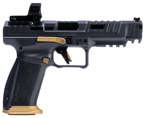 Canik SFX Rival Full Size Pistol HG7160TN, 9mm, 5", Textured Polymer Grips, Rival Gray w/Gold Accents Finish, w/MeCanik MO2 Optic, 18 Rds