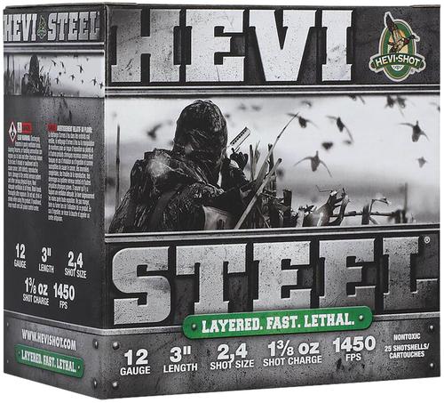 HEVI-Shot HEVI-Steel Waterfowl Shotshells HS60024, 12 Gauge, 3", 1 3/8 oz, 1450 fps, #2/4 Steel Shot, 25 Rds/box