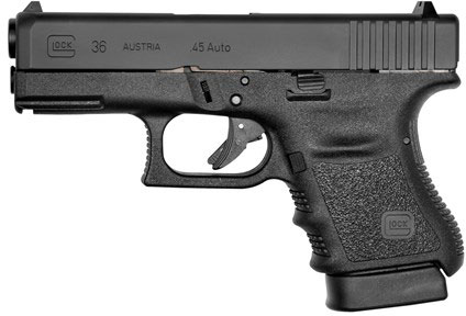 Glock 36 Subcompact Slimline Pistol PI3650201FGR, 45 ACP, 3.78 in, Polymer Grip, Black Finish, Fixed Sights, Rail, 6 Rd