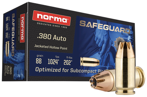 Norma Safeguard Pistol Ammunition 803807680, 380 Automatic Colt Pistol ACP, JHP, 88 gr, 1024 fps, 50 Rd/Bx