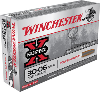 Winchester Super-X Rifle Ammunition X30061, 30-06 Springfield, Power-Point, 150 GR, 2920 fps, 20 Rd/bx