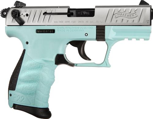 Walther P22Q Pistol 5120760, 22 Long Rifle, 3.4", Angel Blue Polymer Grip, Black finish, 10 Rds