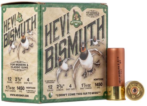 HEVI-Shot HEVI-Bismuth Shotshells HS14704, 12 Gauge, 2-3/4", 1 1/4 oz, 1450 fps, #4 Shot, 25 Rds/box