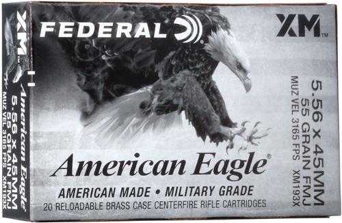Federal American Eagle Rifle Ammunition XM193X, 5.56x45mm NATO, Full Metal Jacket Boat Tail (FMJBT), 55 gr, 3165 fps, 20 Rd/Bx