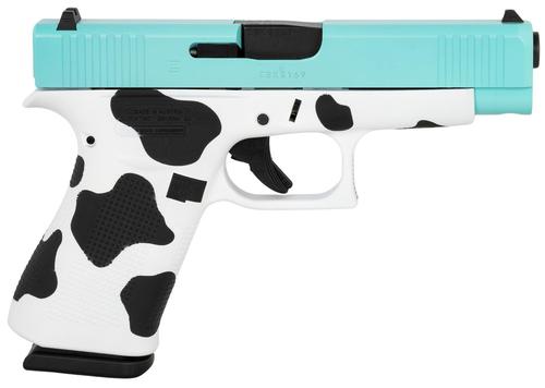 Glock 48 Gen5 Pistol PA4850201TBMOO, 9mm, 4.17", Cow Print Textured Grips, Robins Egg Blue Slide, 10 Rds