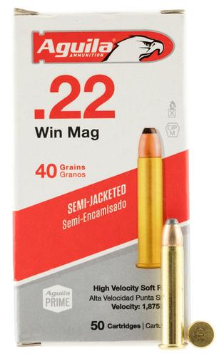 Aguila Rimfire Ammunition 1B222401, 22 Magnum, Jacketed Soft Point, 40 GR, 1875 fps, 50 Rds/Bx