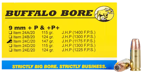 Buffalo Bore Handgun Ammunition 24C/20, 9mm Luger +P, Jacketed Hollow Point (JHP), 147 GR, 1175 fps, 20 Rd/Bx