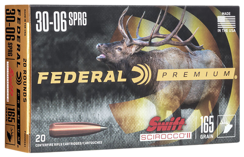 Federal Premium Rifle Ammunition P3006SS1, 30-06 Springfield, Swift Scirocco II, 165 gr, 2800 fps, 20 Rd/Bx